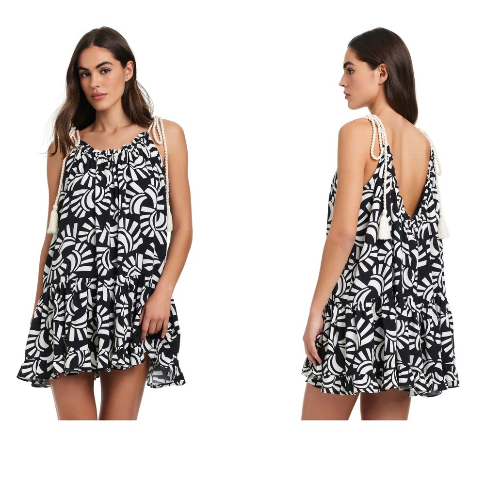 NWT Red Carter Mini Dress Womens Black White Tassel Strap Geometric Print S $116